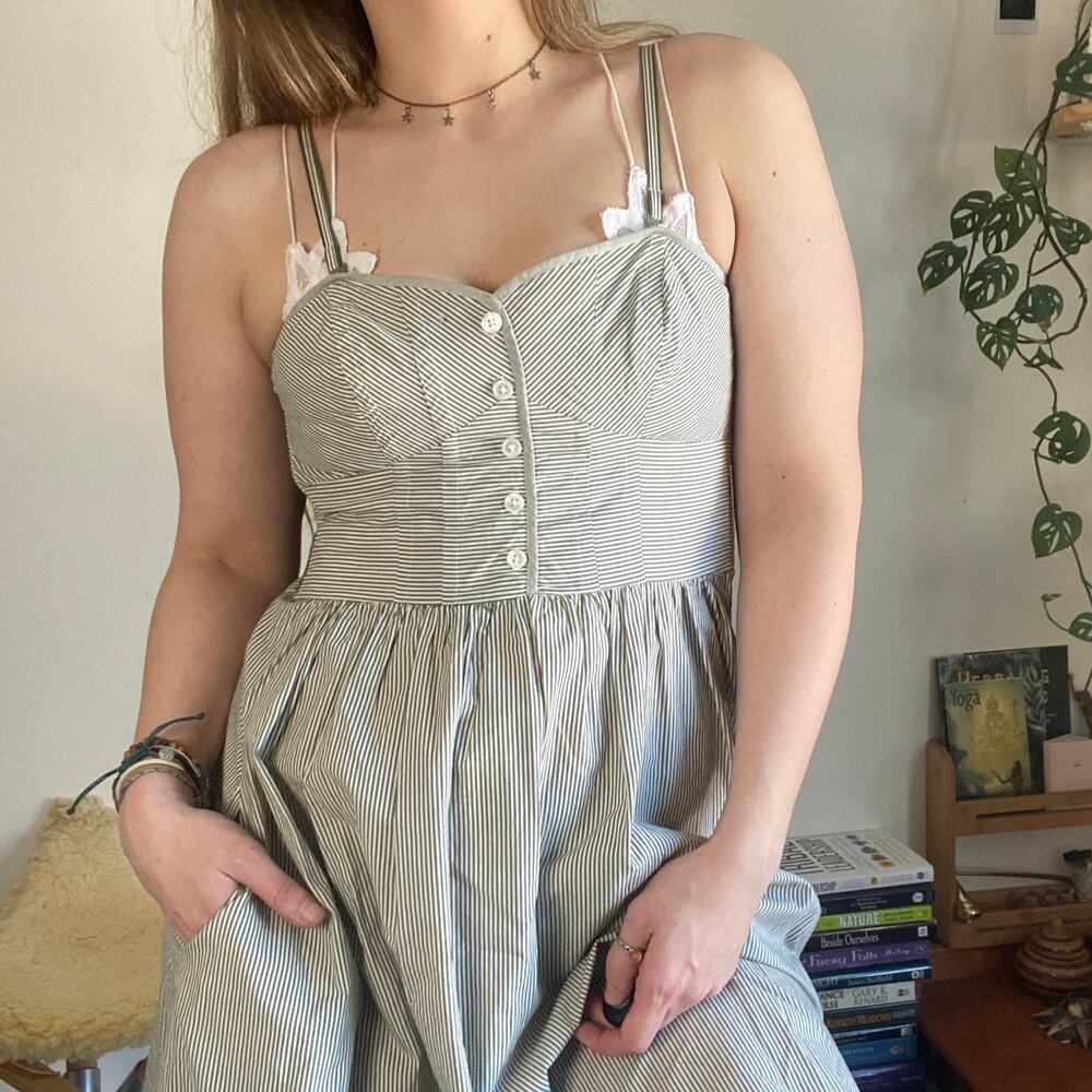 American Eagle Green & White Pinstripe Sweetheart Cup Summer Dress Sz 4